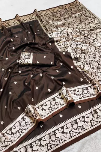 Cofee soft silk blend saree with zari weaving meenakari design