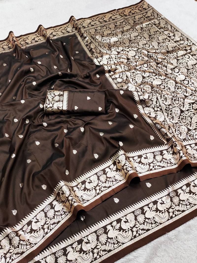 Cofee soft silk blend saree with zari weaving meenakari design
