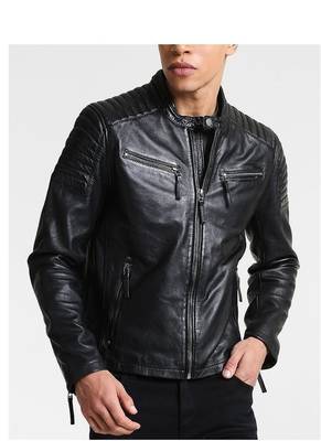 Men's black quilted leather biker jacket daily wear 1