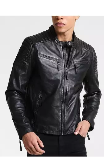 Men's black quilted leather biker jacket daily wear
