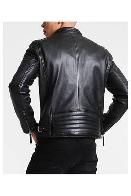 Men's black quilted leather biker jacket daily wear 2