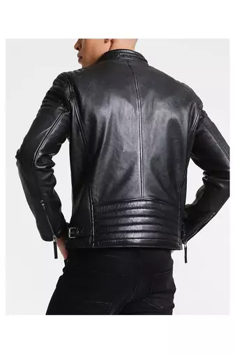 Men's black quilted leather biker jacket daily wear