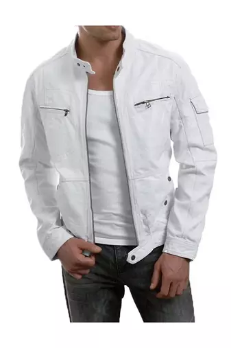 Men's white genuine leather everyday wear casual jacket