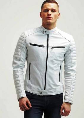 Men's genuine leather white jacket fashion outerwear 1