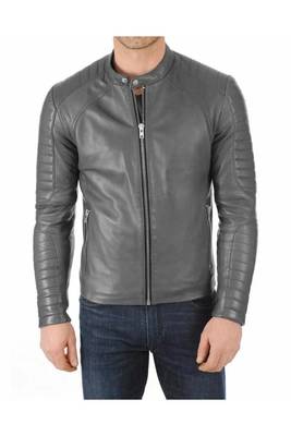 Men's grey leather genuine biker jacket casual style 1