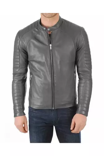 Men's grey leather genuine biker jacket casual style