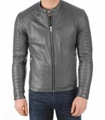 Men's grey leather genuine biker jacket casual style