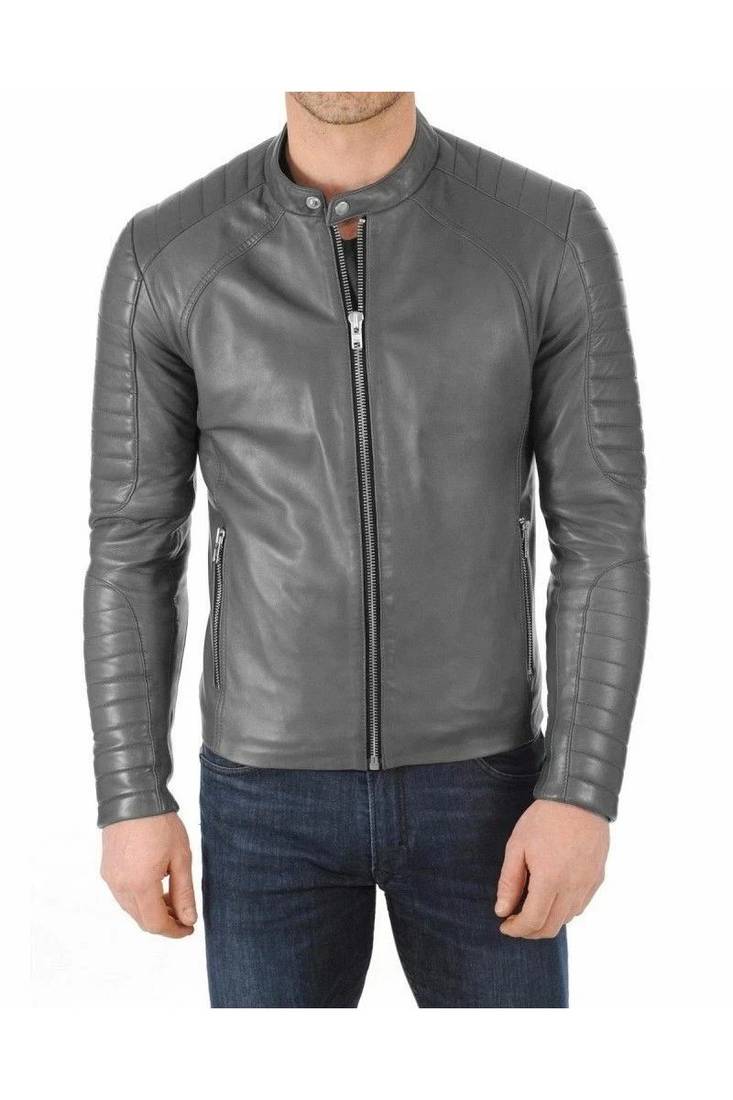 Men's grey leather genuine biker jacket casual style