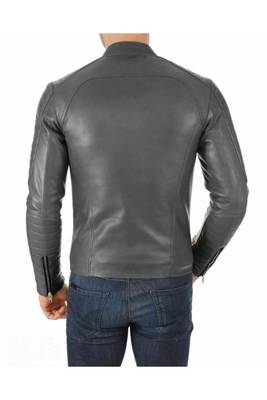 Men's grey leather genuine biker jacket casual style 2