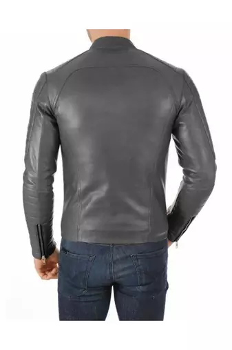 Men's grey leather genuine biker jacket casual style