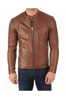 Men's genuine leather brown quilted jacket casual style 1