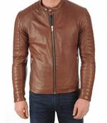 Men's genuine leather brown quilted jacket casual style