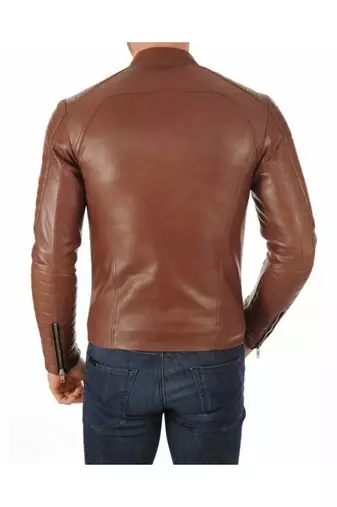 Men's genuine leather brown quilted jacket casual style