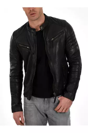 Men's moto leather riding tailored look black genuine biker jacket