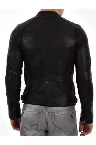 Men's moto leather riding tailored look black genuine biker jacket