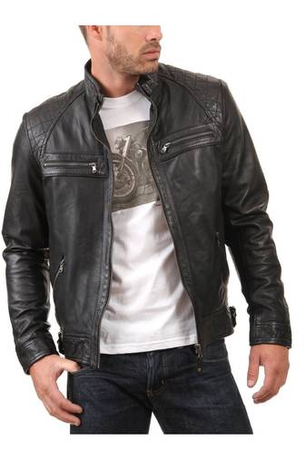 Men's quilted black leather riding jacket street style