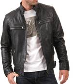 Men's quilted black leather riding jacket street style
