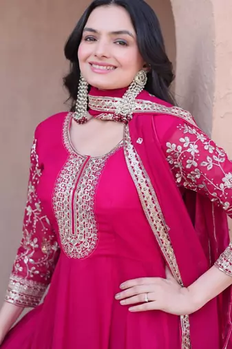 Pink zari & sequins embroidered anarkali set