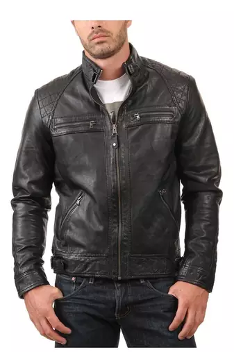 Men's quilted black leather riding jacket street style
