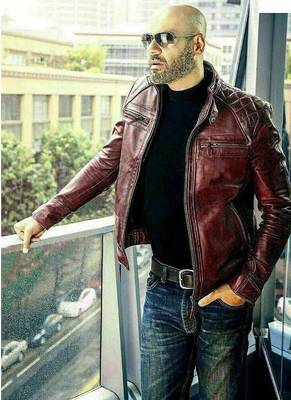 Men's burgundy leather minimal design genuine vintage biker jacket 1