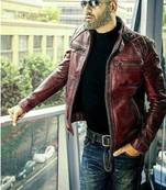 Men's burgundy leather minimal design genuine vintage biker jacket