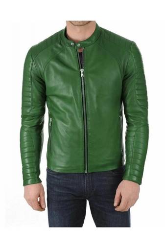 Men's green leather genuine riding premium quality jacket