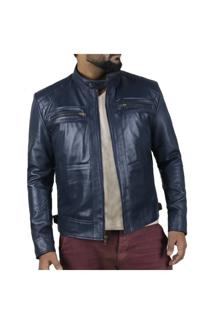 Men's blue leather riding smart casual genuine biker jacket