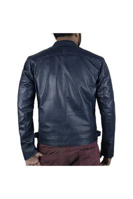 Men's blue leather riding smart casual genuine biker jacket 2