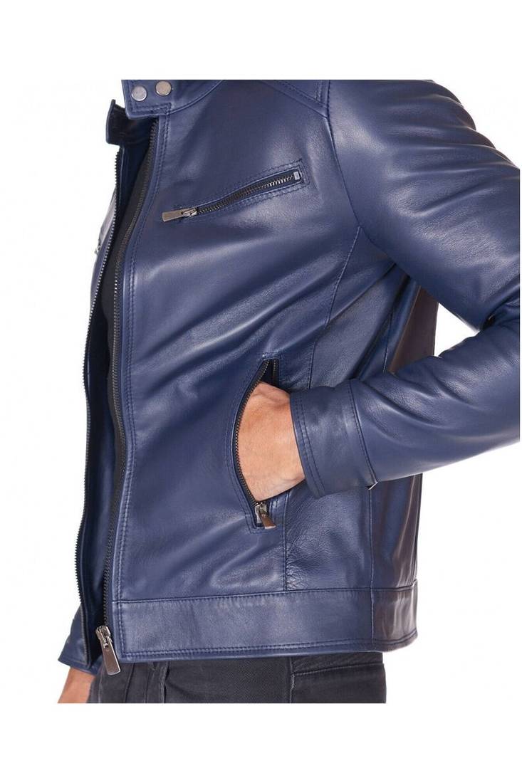 Men's blue leather riding jacket lambskin designer style