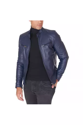 Men's blue leather riding jacket lambskin designer style