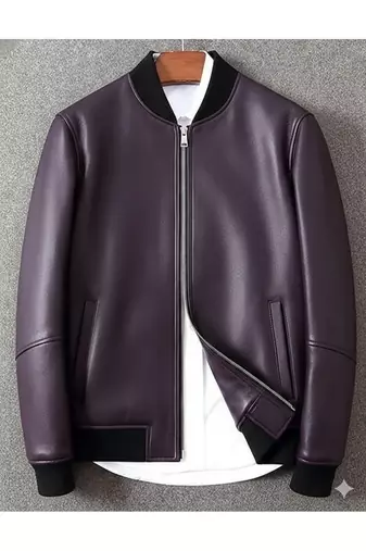 Men's purple leather iconic look genuine bomber jacket