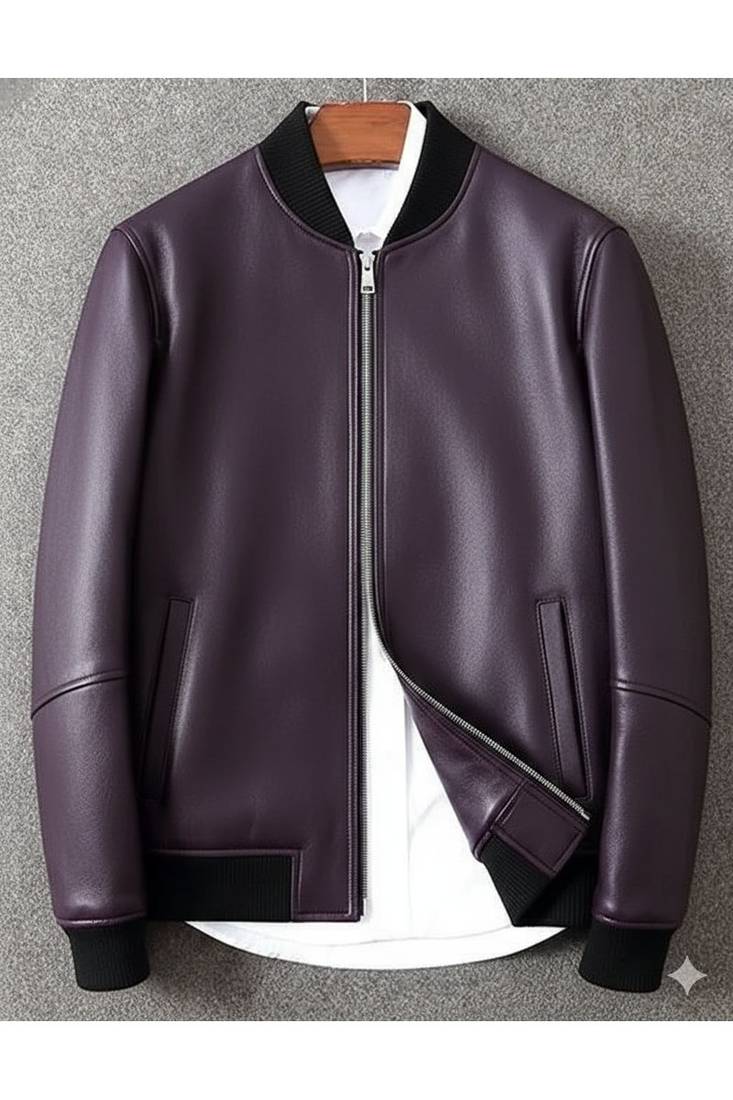 Men's purple leather iconic look genuine bomber jacket
