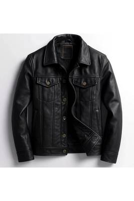 Men's black leather button style urban fashion trucker jacket 1