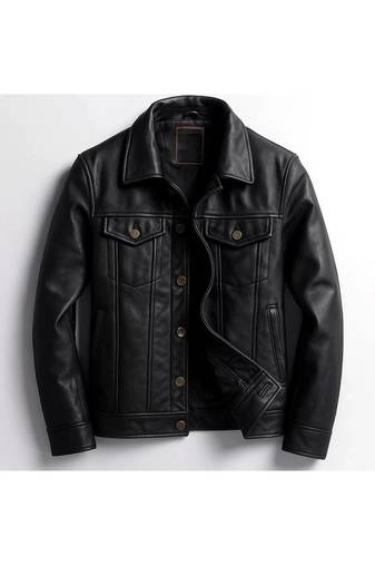 Men's black leather button style urban fashion trucker jacket