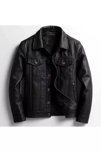 Men's black leather button style urban fashion trucker jacket