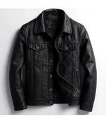 Men's black leather button style urban fashion trucker jacket