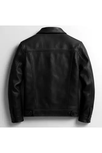 Men's black leather button style urban fashion trucker jacket