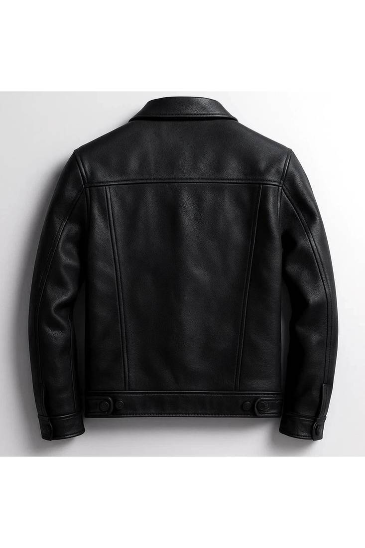 Men's black leather button style urban fashion trucker jacket