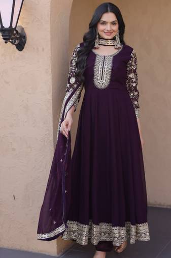 Wine zari & sequins embroidered anarkali set