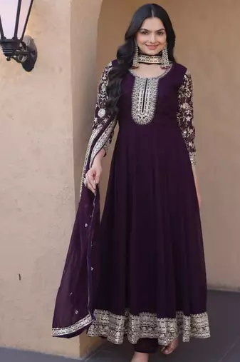 Wine zari & sequins embroidered anarkali set
