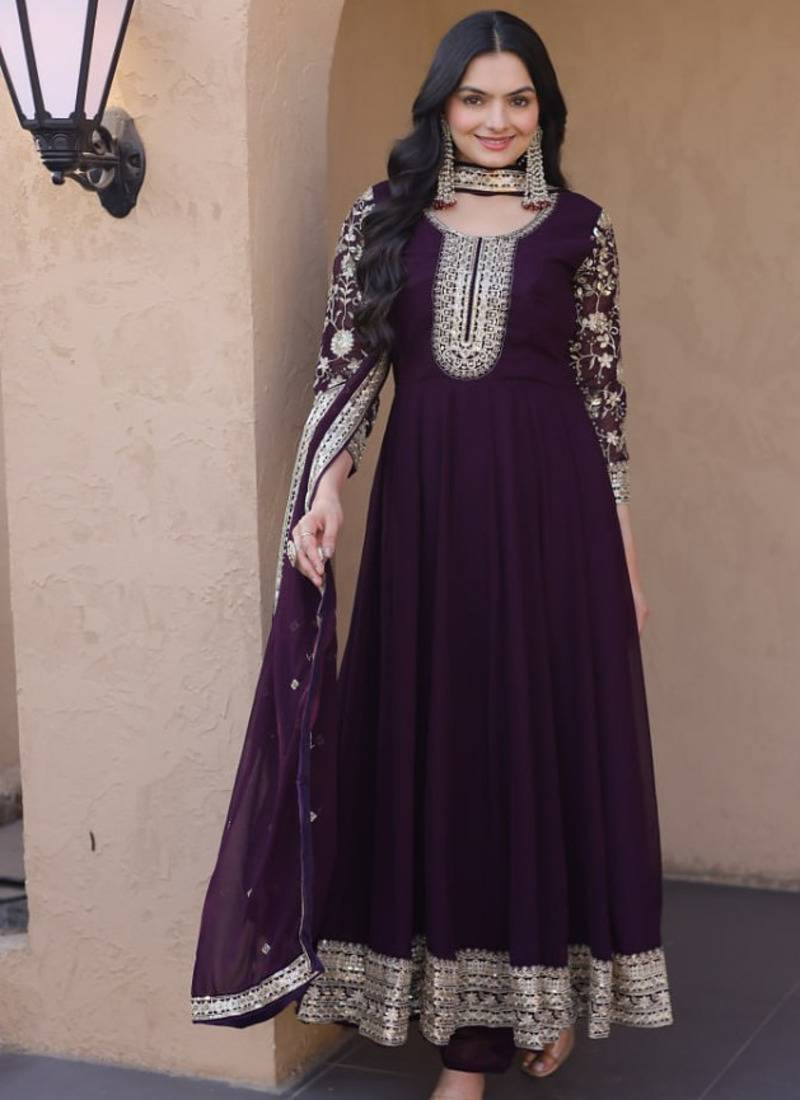 Wine zari & sequins embroidered anarkali set