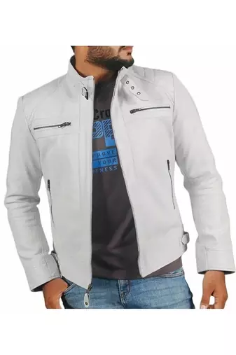 Men's white leather riding style signature look genuine jacket