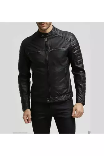 Men's black quilted leather outerwear classic design jacket
