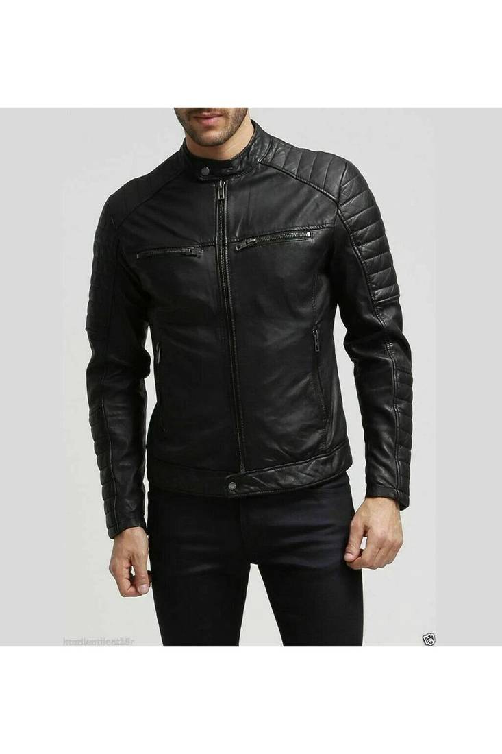 Men's black quilted leather outerwear classic design jacket