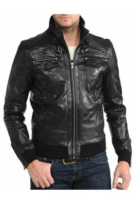 Men's moto leather outerwear premium finish black bomer jacket 1