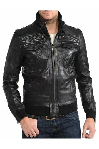 Men's moto leather outerwear premium finish black bomer jacket