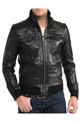 Men's moto leather outerwear premium finish black bomer jacket