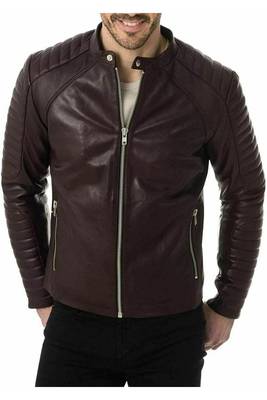 Men's brown leather outerwear casual style biker jacket 1