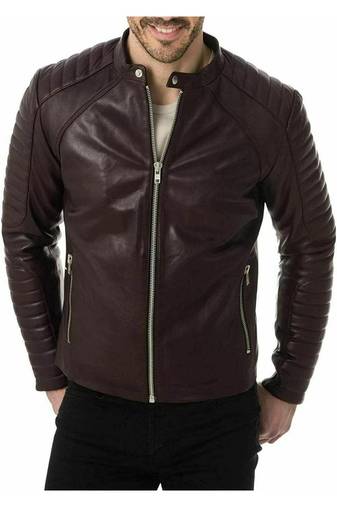 Men's brown leather outerwear casual style biker jacket