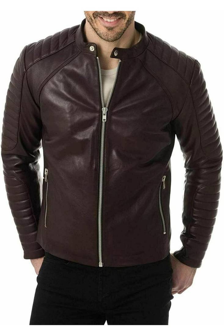 Men's brown leather outerwear casual style biker jacket